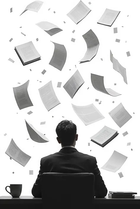 A man sitting at a desk, He is wearing a suit and you can see Mur his siluette.  the background is invisible and monochrome. Book pages and pieces of paper fly wildly around the man