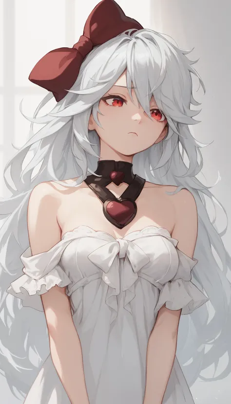 score_9, score_8_up, score_7_up, sinestrea, 1girl, white hair, bare shoulders, white dress, frown hair bow, long hair, heart brooch, medium breasts, hair bow, ribbon, red eyes,Bedroom