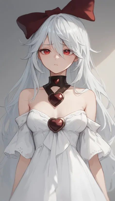 score_9, score_8_up, score_7_up, sinestrea, 1girl, white hair, bare shoulders, white dress, frown hair bow, long hair, heart brooch, medium breasts, hair bow, ribbon, red eyes,Bedroom