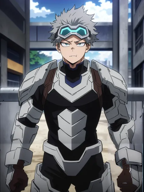(masterpiece, best quality, anime, anime coloring:1.3, superhigh res). 29yo, 1man, sexy, handsome, male. ((A stoic man with a chiseled jawline and short gray hair. Wears a futuristic blue and silver armored suit with a pair of futuristic goggles that helps...
