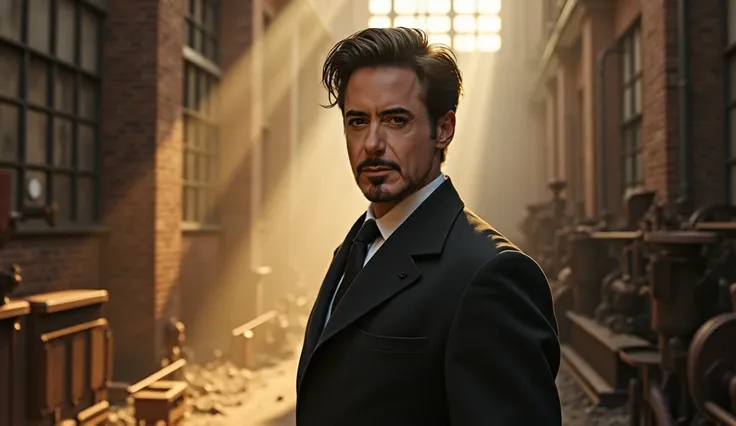 Cinematic and Photorealistic shot of handsome Professor James Moriarty is standing in the dust-filled expanse of an abandoned Victorian-era factory. (Focus on his face)