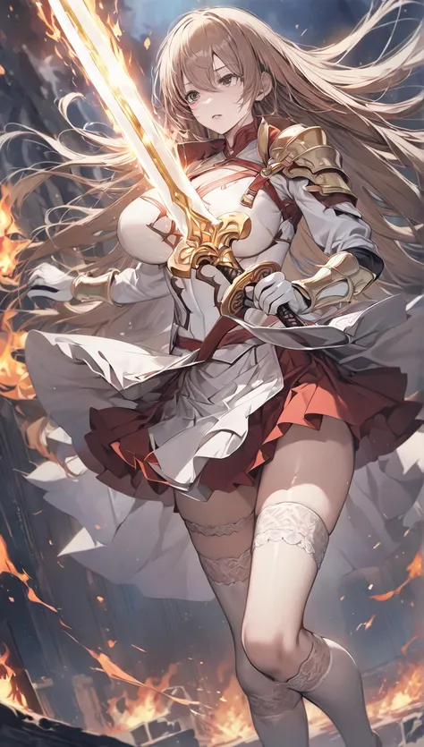  masterpiece, High quality，1 girl, arms, sword,  alone, length_hair, Chest当て, Hold, Hold_arms, Hold_sword, armor, brown_hair, Weaving,  Knee socks,  just _Shoulder, brown_ eyes, skirt, sword杆织机, independent_sleeve, casing,  white _skirt,  white _ Knee sock...