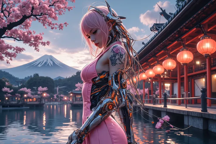 (Ultra-wide), (low-angle shot), a stunning young Japanese Cybernetic Girl, (top-quality, 8K, 32K, masterpiece, (The ultra -The high-definition), (Photorealsitic:1.4), Raw photography,Charming perfect figure,Beautiful and well-groomed face, Beautiful white ...