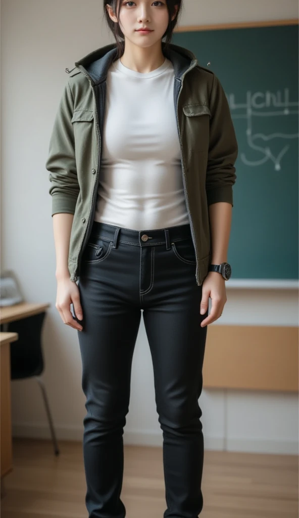 Anime A teacher, young and handsome man wearing plain t-shirts, with parka jacket army hoodie,  disheveled hair , wearing air jordan shoes,  Black jeans , wearing a watch and reading glasses, Stand in front of the students, with chalkboard background, 4K.