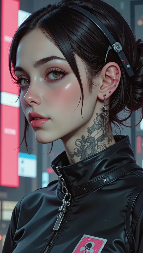 (( a close-up of a woman with tattoos on her neck and face , Beautiful face of a cyberpunk girl, great digital art with details,  she wears glasses you can see the reflection in the glasses of the glasses :1.5)), digital art.  highly detailed , Detailed wo...