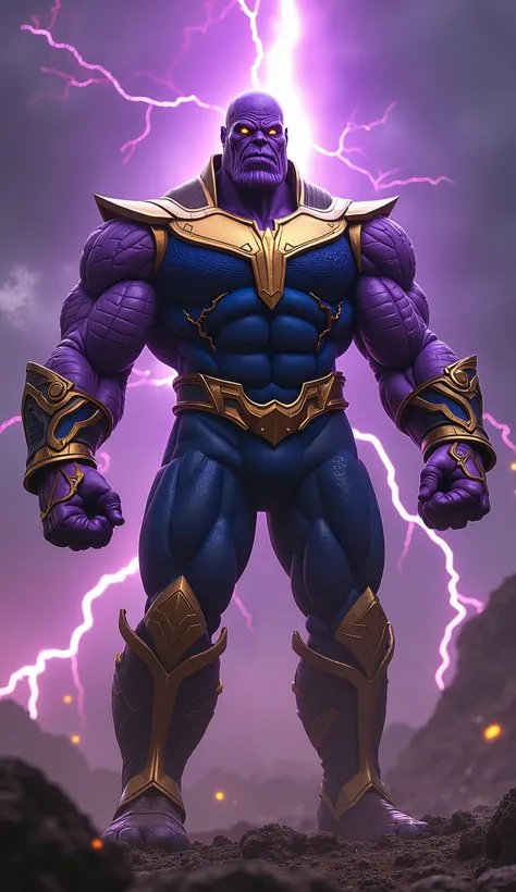 Now fully transformed, Thanos has become a fusion of cosmic power and the essence of a grape. His entire body is covered in a smooth yet armored deep-purple texture, shimmering like the skin of a ripe grape. His muscles have expanded even further, reinforc...