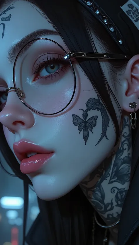 (( a close-up of a woman with tattoos on her neck and face , Beautiful face of a cyberpunk girl, great digital art with details, she wears glasses you can see the reflection in the glasses of the glasses :1.5)), digital art. highly detailed , Detailed wo...