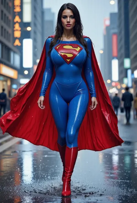 FULL VIEW OF A BLUE EYED, YOUNG CUTE, PETITE KOREAN FEMALE WEARING A BLUE SUPERMAN SUIT AND RED CAPE. SOAKING WET FROM THE RAIN OUTSIDE WALKING.4K, 8K 4K RAIN, 4K WATER BEADS, 4K HIGH RESOLUTION, SHARP CRYSTAL CLEAR IMAGE, PROUDLY WEARING THE 'S" ON HER SU...