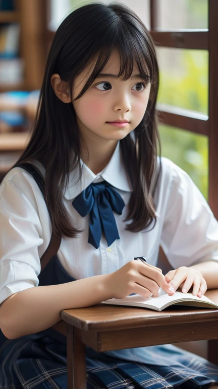 Imagine a charming illustration in the style of Loundraw, Depicts a beautiful schoolgirl. She is wearing a classic school uniform, With a fitted skirt and a perfectly lined shirt. Her long black hair, With soft bangs, Falling gracefully over her shoulders....