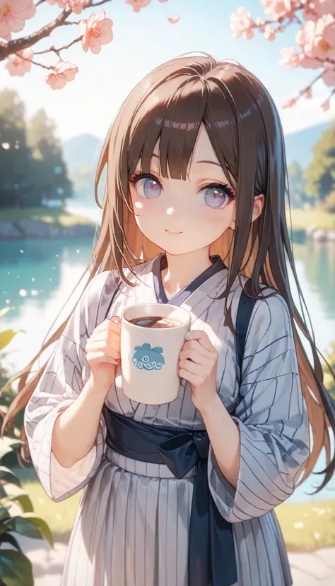   There is a young girl holding a coffee cup in her hand,  girl cute pretty face,   cute natural anime face ,  with a pretty face - pretty face, Sakimi-chan, Chiho,  Naruto,  young and cute face ,   A beautiful Japanese girl wearing a yukata standing in fr...