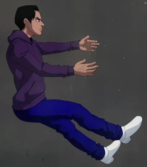  A young American man wearing a purple sweatshirt,  black hair, depressive (MICHAEL AFTON DE FNAF)