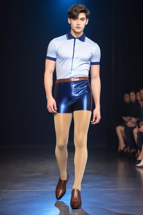 young males in light brown shinny pantyhose and dark blue miniskirt with high heels in a fashion show, male face, man only, tights, holdups, Cinema 4K, Hyper Realsitic