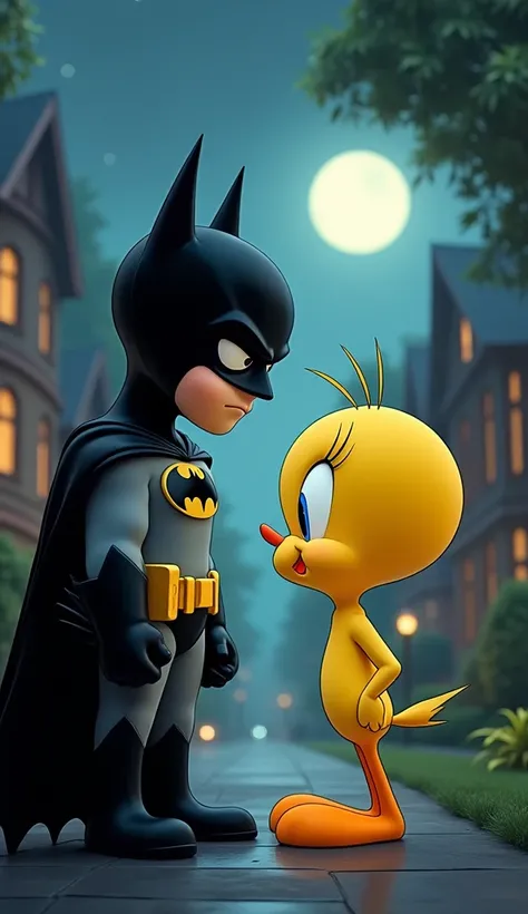 Create a 9:16 aspect ratio image featuring Batman and Tweety standing close to the camera, looking at each other with contrasting expressions of seriousness and mischief. The background should be a dark, gothic cityscape with elements of Gotham City and a ...