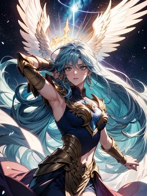  A feminine version of Pegasus of Saint Seiya ,  elegant and powerful ,  wearing heavenly themed armor with flowing hair,  surrounded by luminous constellations and ethereal light , dynamic pose ,  intricate details , bright colors, Cosmic atmosphere. At t...