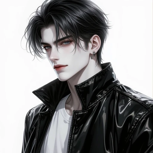 Black hair, white skin, tall, wearing leather jacket,bug eyes, handsome anime, grey eyes, hotnerd, broad shoulders, muscular, sly face,smile softy, gangster