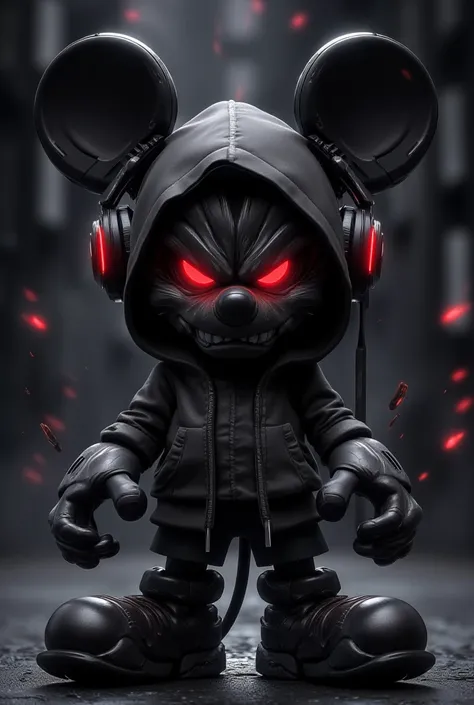 A dark and edgy cartoon character inspired by Mickey Mouse with an angry expression. He wears headphones and a hoodie, glowing red eyes, and a sharp smirk. Background is a dark gradient with urban or cyberpunk vibes. Color palette: black, gray, and red. Pe...