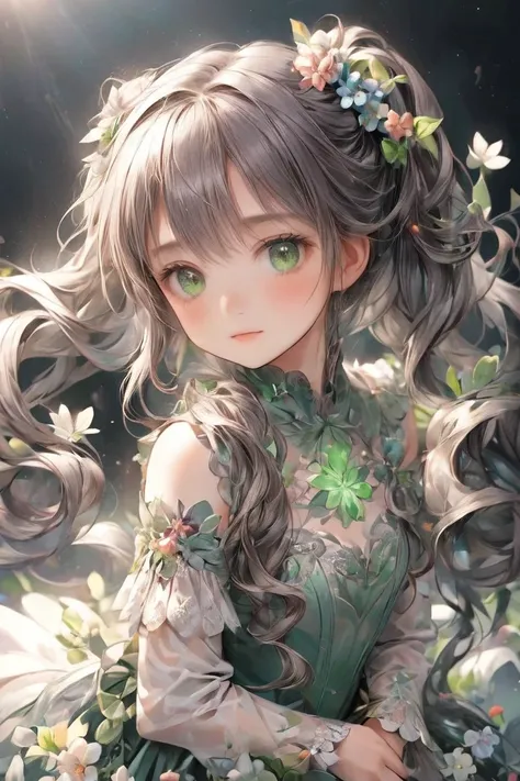  is cute  、 She is a girl with green eyes shaped like flowers,   She has long curly hair tied in pigtails  ,   her hair is gray with black highlights   .    The girl with thin sleeves    ,   on the tip of her dress   /It's a crossroads of life where 々 is m...