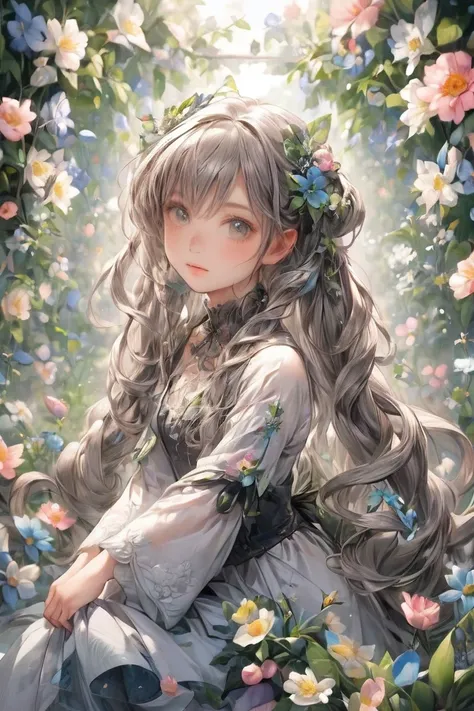  is cute  、 She is a girl with green eyes shaped like flowers,   She has long curly hair tied in pigtails  ,   her hair is gray with black highlights   .    The girl with thin sleeves    ,   on the tip of her dress   /It's a crossroads of life where 々 is m...