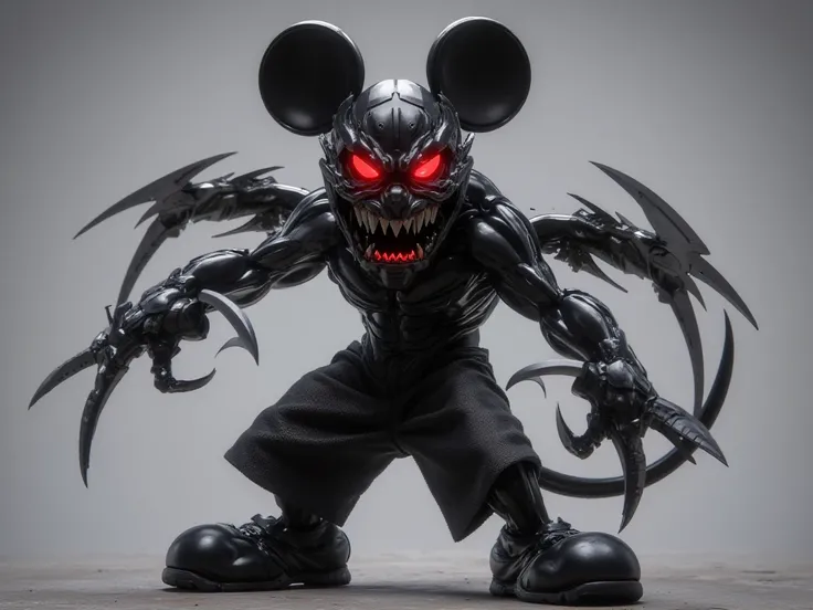 Men body angry Mickey Mouse head with sharp, exaggerated features. The face has glowing red eyes, a menacing smirk, and bold outlines. He's rapping