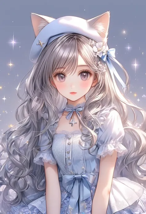  cute girl with cat ears and cat tail ,  Line Claire, contour deepening beautiful Detailed Sparkle,  by famous artists ,   head tilt,  long white hair,  curly hair , Air Van,  gray hair,   beautiful detail hair,  beautiful face, ^ ^,  beautiful big eyes,  ...