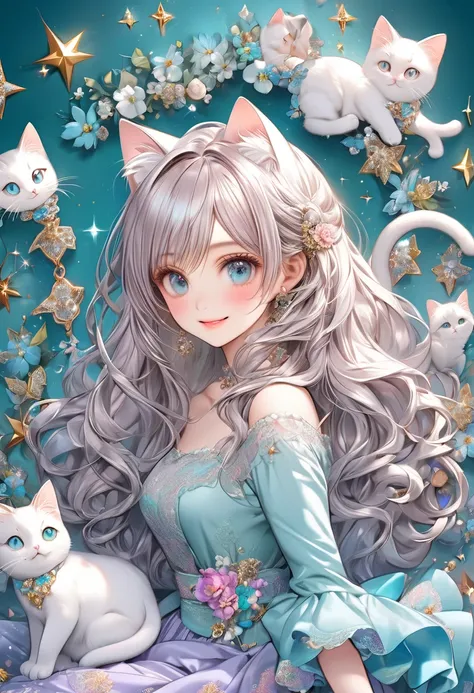  cute girl with cat ears and cat tail ,  Line Claire, contour deepening beautiful Detailed Sparkle,  by famous artists ,   head tilt,  long white hair,  curly hair , Air Van,  gray hair,   beautiful detail hair,  beautiful face, ^ ^,  beautiful big eyes,  ...