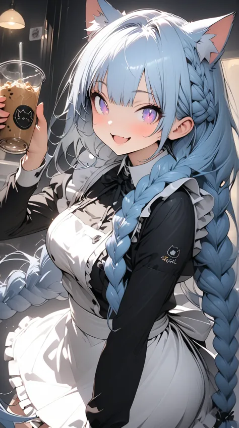  Light Blue Hair, Cat ears,  braids,  long hair, Very long hair,  very long hair,  gisol,  best image quality, whole body,  short skirt, like,  is embarrassing,  focus on your upper body ,  Top Masterpieces, Black uniform, smile, Black jacket, 大like,  whit...