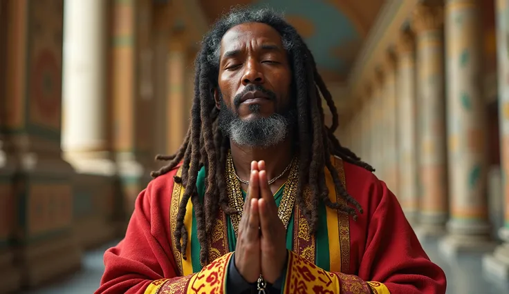 (photorealism:1.2), Reggae legend jesus white Man prayer position wearing Rasta cloak And cross necklaces in a Vatican City vibrant and artwork.