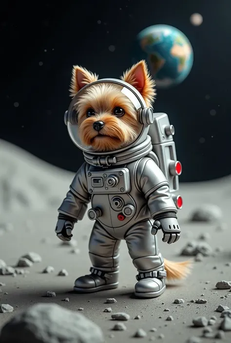 Yorkie dog in space suit on the moon