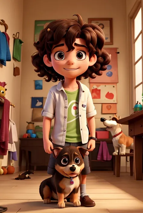 Dark-haired boy with frizzy hair  playing with his pincher dog