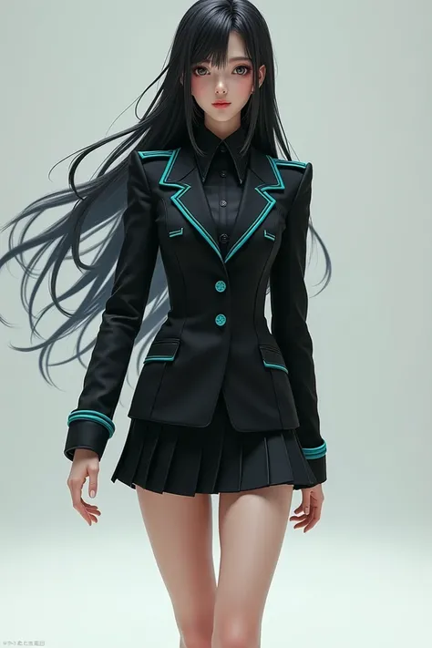 elegant black school uniform with vivid turquoise on full body fashion figurine , mini skirt, long hair,