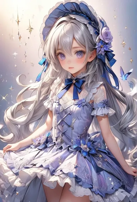   is cute  、,   Lolita Fashion 、  Lolita Dress   、  , contour deepening beautiful Detailed Sparkle,    by famous artists  ,,    long white hair ,    curly hair   , ,    gray hair,       beautiful detail hair  ,    beautiful face , ^ ^,    beautiful big eye...