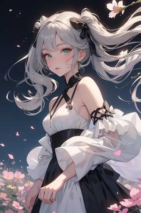   she is a girl with green eyes shaped like flowers,   She has long curly hair tied in pigtails  ,   her hair is gray with black highlights   .    The girl with thin sleeves    ,   on the tip of her dress   /It's a crossroads of life where 々 is made from f...