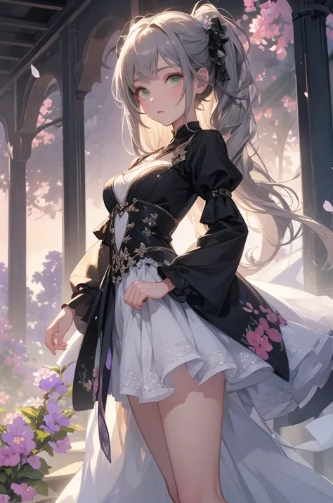   she is a girl with green eyes shaped like flowers,   She has long curly hair tied in pigtails  ,   her hair is gray with black highlights   .    The girl with thin sleeves    ,   on the tip of her dress   /It's a crossroads of life where 々 is made from f...