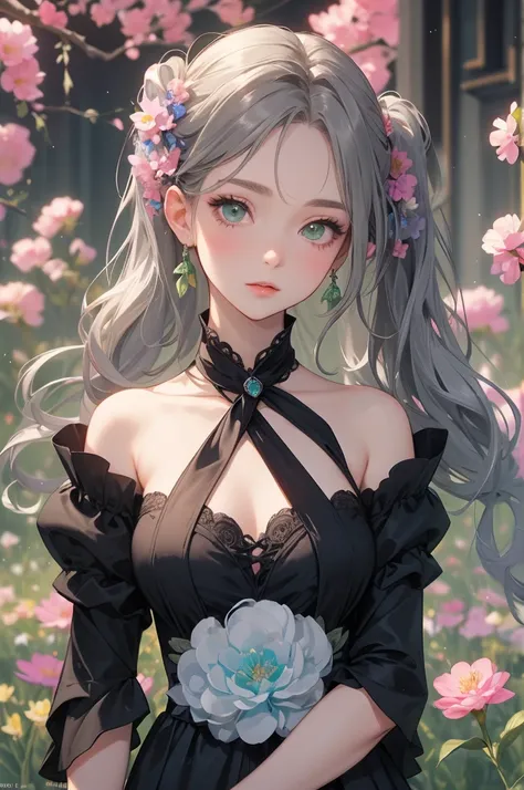   she is a girl with green eyes shaped like flowers,   She has long curly hair tied in pigtails  ,   her hair is gray with black highlights   .    The girl with thin sleeves    ,   on the tip of her dress   /It's a crossroads of life where 々 is made from f...