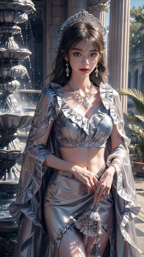 8K, UHD, Masterpiece, 1 girl, good face, detailed eyes, (long hair:1.5), ((frill cut filibeg)) ((silver clothing)), ((Frill Tassel)), ((frill cape)), ((frill)), ((navel)), ((mesh lacing)), ((necklace)), ((tassel)), ((earring)), ((water fountain)), ((in the...