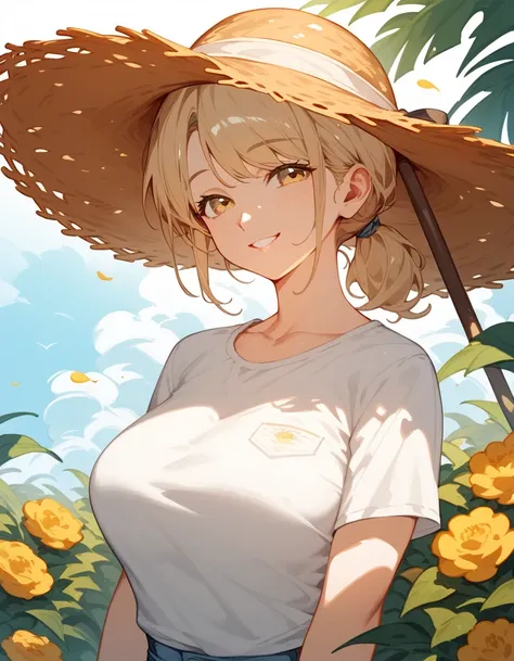 พี่girl,Light blonde hair,In light golden eyes, short hair , medium breasts ,milf,,beautiful,thin, Shirt,smile,girl,Young face, Ponytail,Put on a straw hat,thinเพรียว,milf,Fantasy