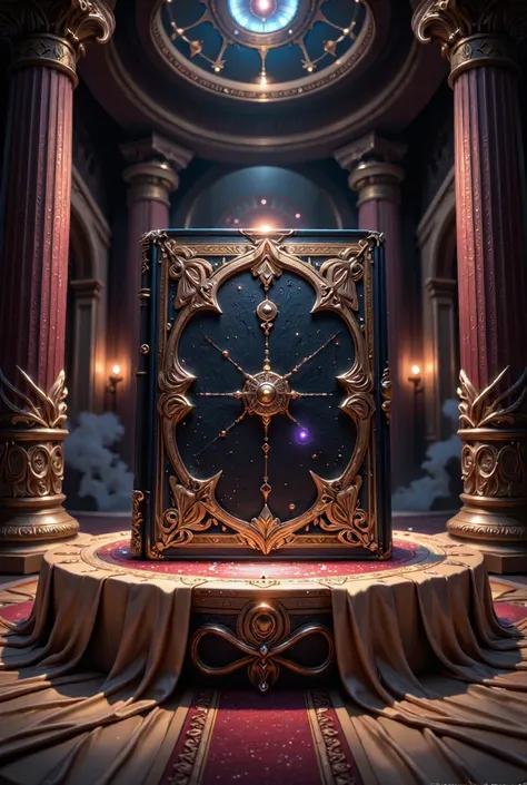 A dramatic and cinematic illustration of a colossal book, standing majestically between two grand columns in a lavish setting. The book, facing the camera with its spine adorned with intricate designs, appears to hold the secrets of the universe. The platf...