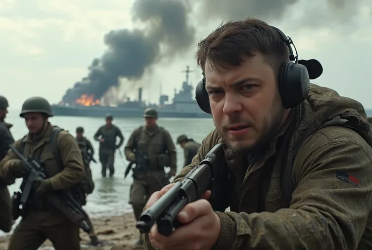  A close-up of ozon671game ,   male focus  , Fighting,  firearm ,  full-size headphones,   Allied soldiers ashore,  Warships and equipment, Smoke and destruction ,  intense atmosphere , Landing in Normandy 