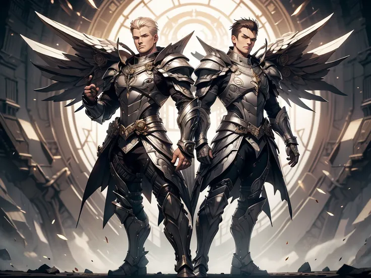 2 white men. height 1,80. Twin brothers. 28 years old.  full body costume. strong. Lightweight combat armor , silvery,  with details in the color black .  tribal tattoos on the body. haughty look.  bright brown eyes .  detailed eyes . mature countenance.  ...