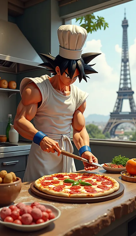  Goku dressed as chef ,  preparing pizza ,  from Fondobla Torre Ifel in Paris, Bring a vigote , ultra realismo