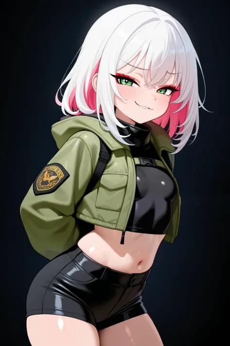 1 girl, smug, {{{{{secret two-tone hair}}}}}, pink hair, white hair, medium hair, green eyes, puffer short jacket, hood, navel, thick thights, shiny skin, pilot, black tanktop, high waist short pants, tactical cloth, flat breasts, eyelashes, red eyeshadow,...