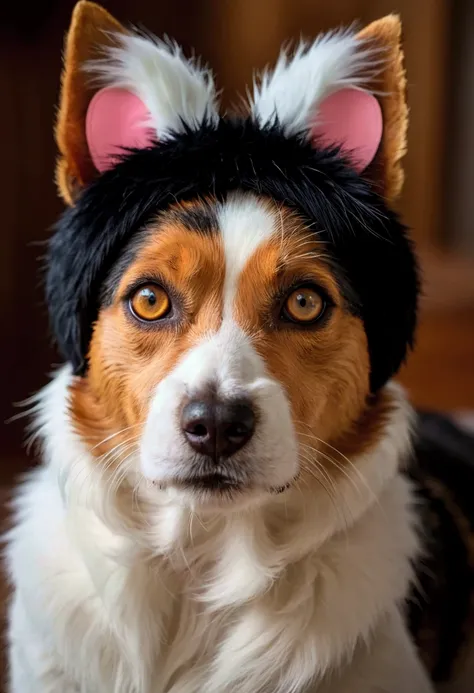   terrier with cat ears  ,  Chinese eyes  , duck paws  ,   colorful brown white black fur,   high quality , 