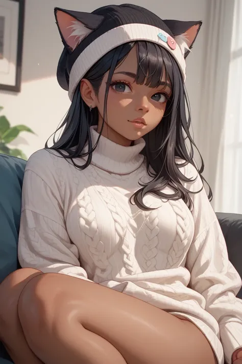 dark skin, creamy white sweater, creamy white cat ear beanie, black dot eyes, black hair, no pants, nsfw