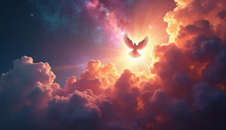 Multicolored galactic explosions with a subtle silhouette of a dove like the Holy Spirit
 
