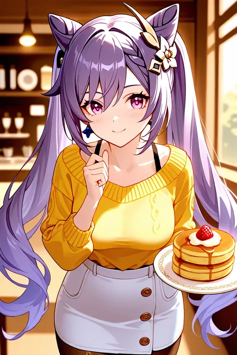 8k,masterpiece, best quality, ultra detailed, high resolution, super fine illustration,Keqing (Genshin impact), 1girl, solo, smile ,purple eyes, purple hair, cone hair bun, double bun, braided bangs, long hair, medium breasts, casual fashion outfit, minisk...