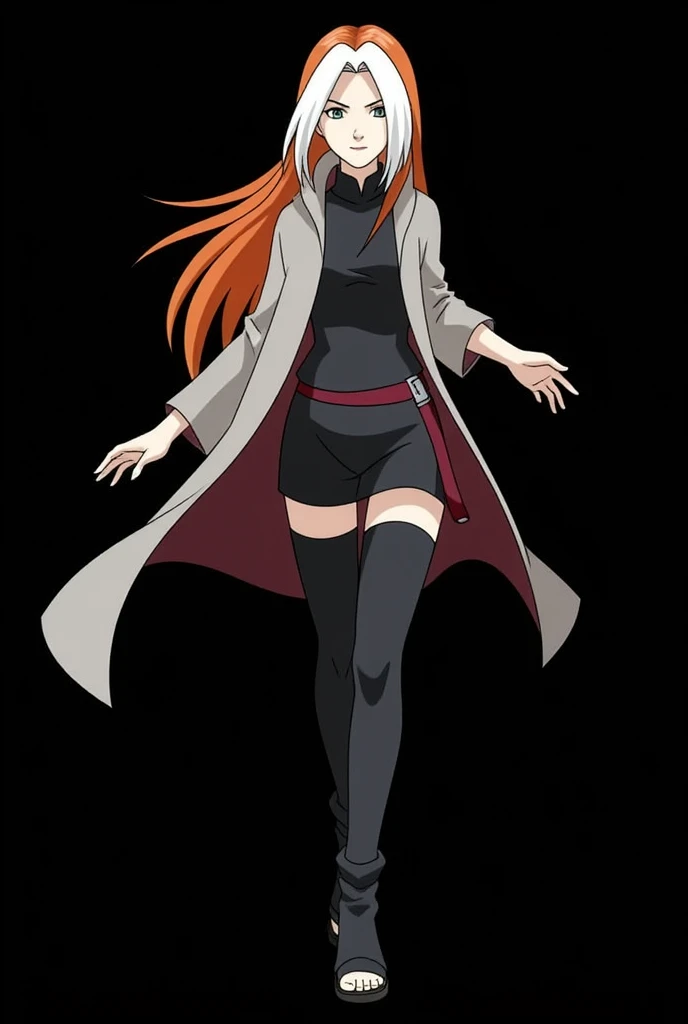 Female character of a   designed for the Naruto Classic universe, in the style of Masashi Kishimoto , Appearance:

Age: 12 anos

Appearance:

hair:  long and flaming ,  with an intense orange tone that seems to shine in the sunlight .  Two white locks high...