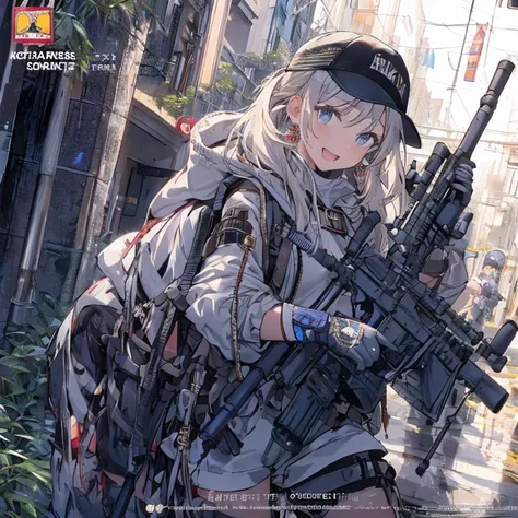 (best quality ), a girl have one rifle with her hand , Platinum color hair , The dreamer wants purplish blue eyes , medium , Lori will do it, (masterpiece:1.2, best quality ), (Beautiful detailed depiction : 1.2), ( beautiful detailed face ), ( small Breas...