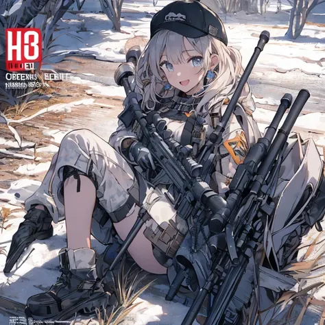 (best quality ), a girl have one rifle with her hand , Platinum color hair , The dreamer wants purplish blue eyes , medium , Lori will do it, (masterpiece:1.2, best quality ), (Beautiful detailed depiction : 1.2), ( beautiful detailed face ), ( small Breas...