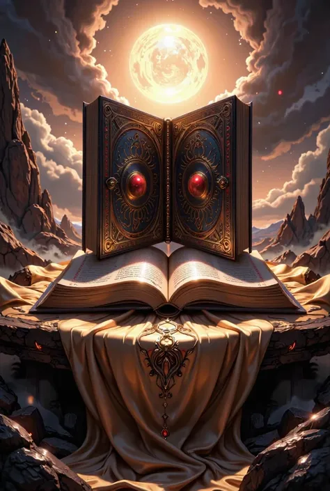 A captivating, cinematic scene featuring a massive, ancient book standing proudly in the center. The book, adorned with ornate red dots and shimmering gold accents, sits atop a platform covered in luxurious gold silk. Its pages seem to spill open, revealin...