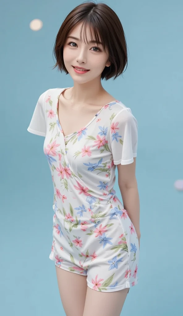  isolated on an enchanting light blue background, luxurious mini skirt floral dress、Alluring thighs,  complex 3d rendering of high-definition facial skin to enhance ,  ray tracing, Crazy details,  high resolution,  professional lighting,   perfect shape , ...